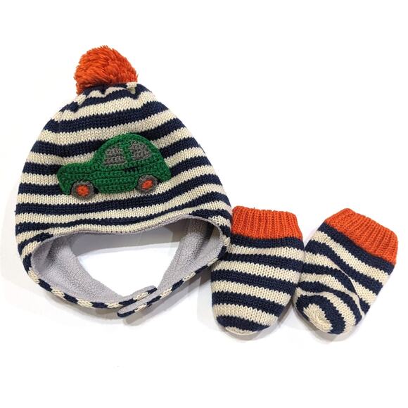 Baby Boden Winter Hat Mittens Set Boys Size 0-6m Blue Car Pom Pom - Picture 1 of 6
